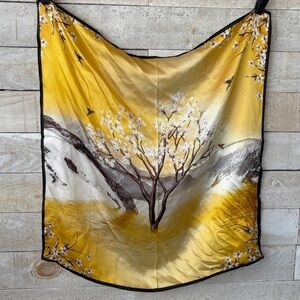 Yellow and Black Silk Scarf cherry tree and birds